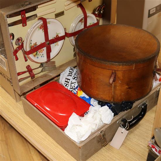 A metal-bound plywood hat box and a vintage Brexton picnic case